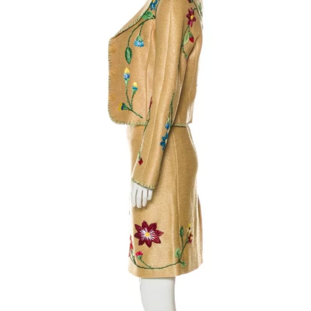 Moschino Couture Italian Gold Linen Lined 3 Piece Skirt Suit Top Jacket USA 10 - Picture 8 of 13